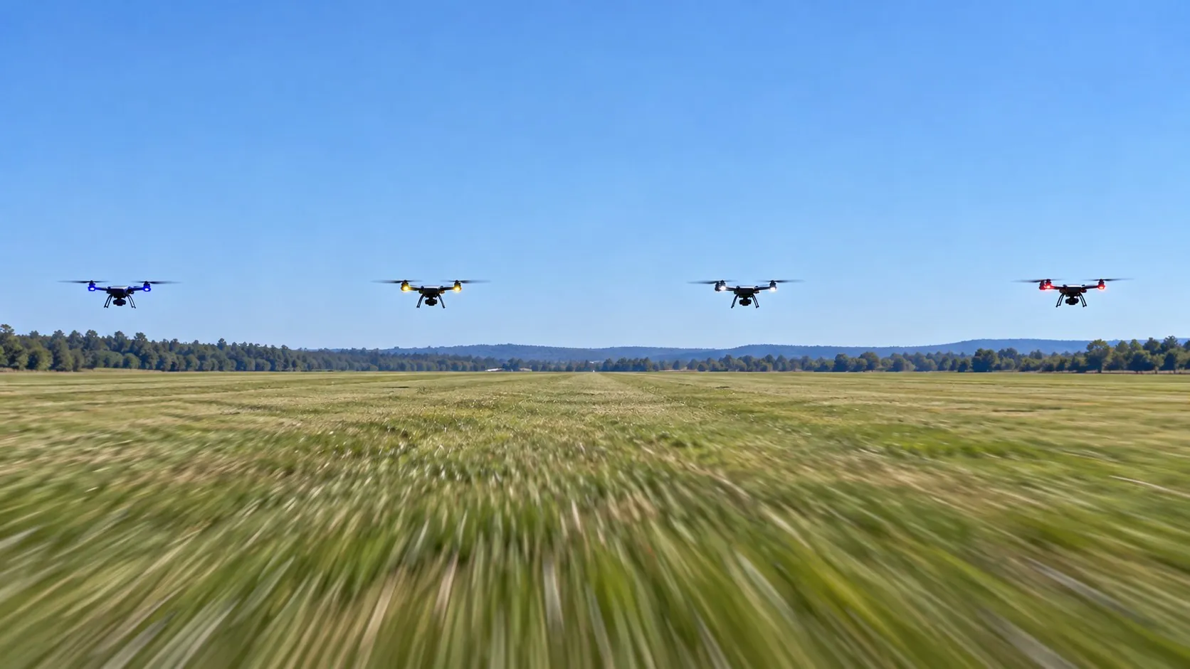 Four 3DR Solo-style racing drones flying over a wide open grassy field with blue, yellow, white and red lights