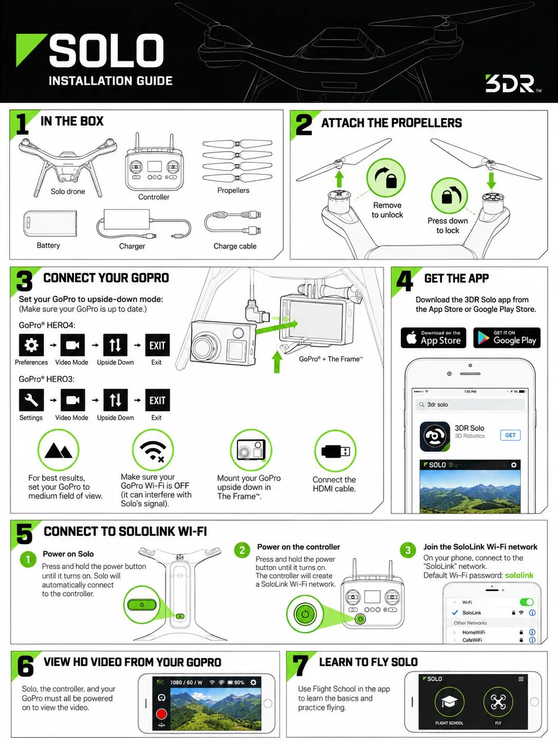 3DR Solo installation guide: 1 in the box, 2 attach the propellers, 3 connect your GoPro, 4 get the app, 5 connect to SoloLink Wi-Fi, 6 view HD video from your GoPro, 7 learn to fly Solo